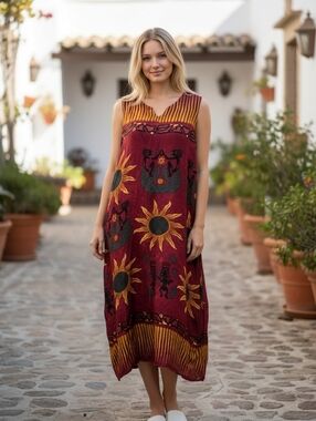 Vintage Burgundy and Mustard Sun Motif Maxi Dress